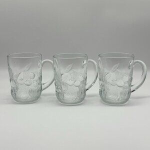 Vintage Arcoroc Gourmande Clear Pressed Glass Coffee Mug Berry Pattern, Set of 3